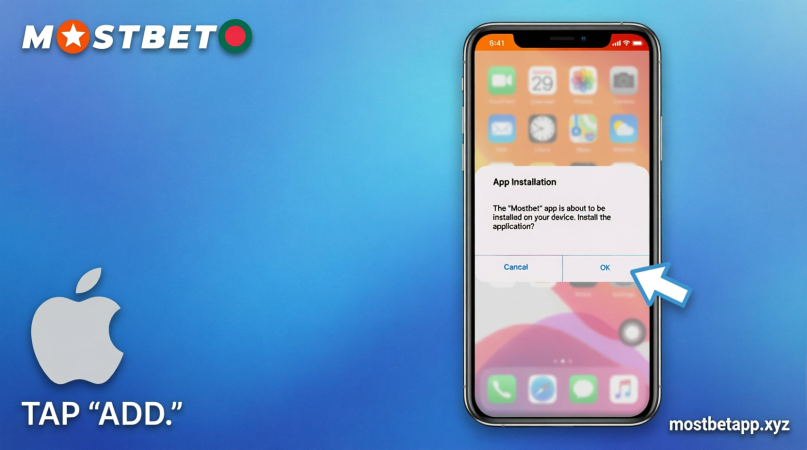 Step 6: Tap Add on the Mostbet website popup